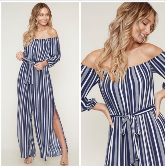 💥HP💥Navy&White Striped off the Shoulder Jumpsuit - Picture 2 of 3